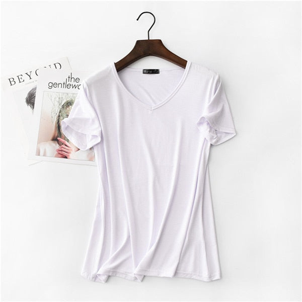 17 Colors! 2020 High Elastic V-neck Tshirt Women Summer Short Sleeve t-shirt  Female Cool Modal t shirts  Free Dropshipping 323