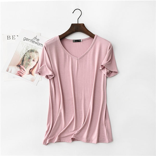 17 Colors! 2020 High Elastic V-neck Tshirt Women Summer Short Sleeve t-shirt  Female Cool Modal t shirts  Free Dropshipping 323