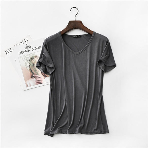 17 Colors! 2020 High Elastic V-neck Tshirt Women Summer Short Sleeve t-shirt  Female Cool Modal t shirts  Free Dropshipping 323