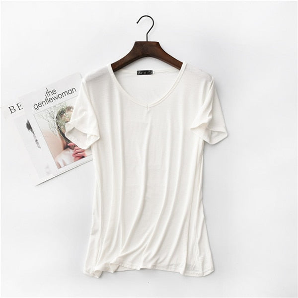 17 Colors! 2020 High Elastic V-neck Tshirt Women Summer Short Sleeve t-shirt  Female Cool Modal t shirts  Free Dropshipping 323