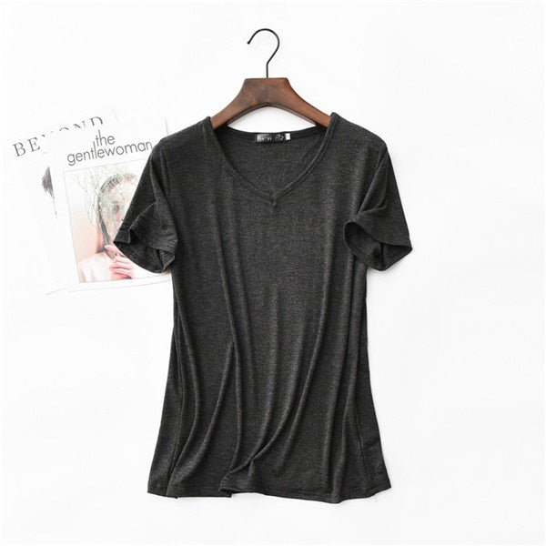 17 Colors! 2020 High Elastic V-neck Tshirt Women Summer Short Sleeve t-shirt  Female Cool Modal t shirts  Free Dropshipping 323