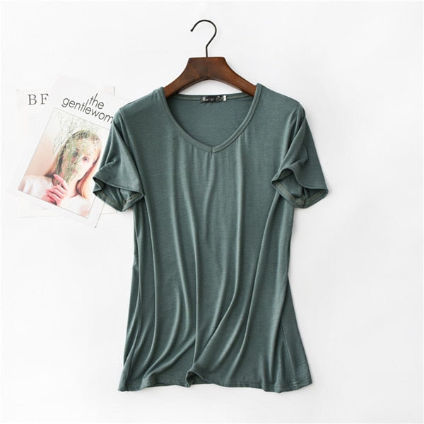 17 Colors! 2020 High Elastic V-neck Tshirt Women Summer Short Sleeve t-shirt  Female Cool Modal t shirts  Free Dropshipping 323