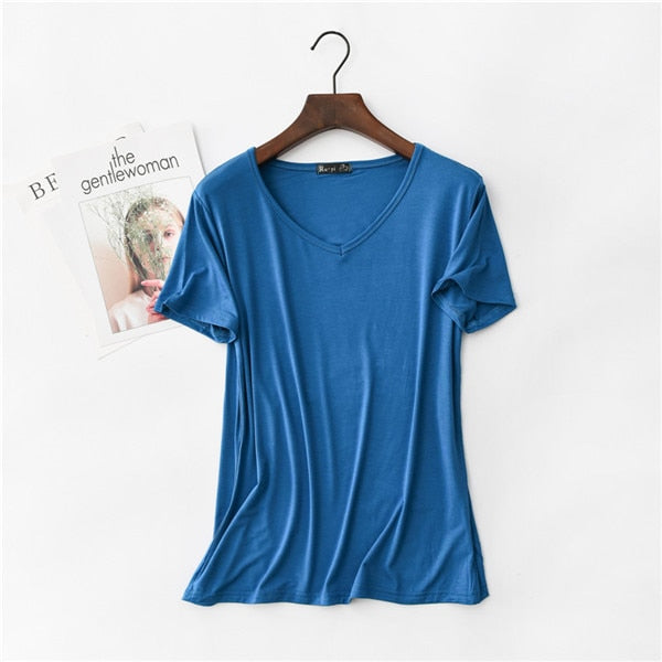 17 Colors! 2020 High Elastic V-neck Tshirt Women Summer Short Sleeve t-shirt  Female Cool Modal t shirts  Free Dropshipping 323