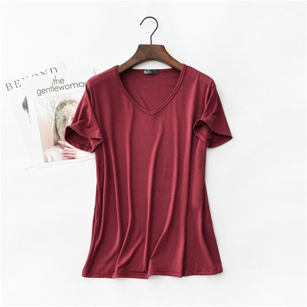 17 Colors! 2020 High Elastic V-neck Tshirt Women Summer Short Sleeve t-shirt  Female Cool Modal t shirts  Free Dropshipping 323