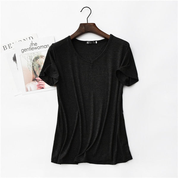 17 Colors! 2020 High Elastic V-neck Tshirt Women Summer Short Sleeve t-shirt  Female Cool Modal t shirts  Free Dropshipping 323