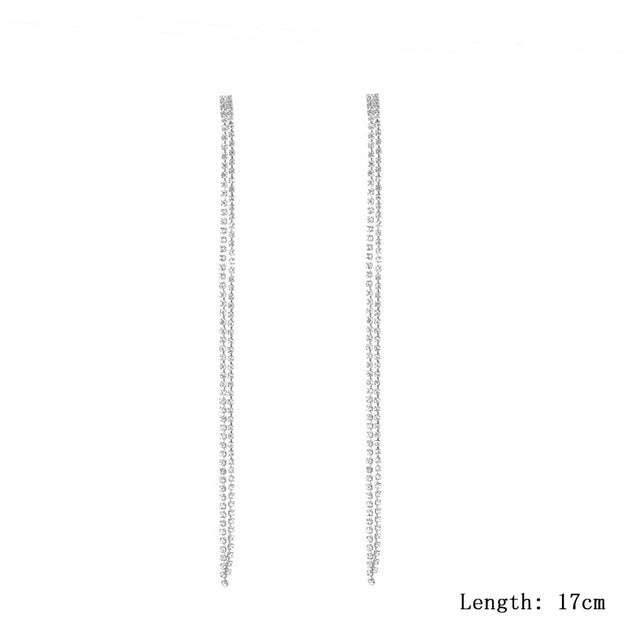 17cm Long Rhinestones Crystal Dangle Earrings Women Fashion Drop Earrings Jewelry Silver Color Double Tail Tassel Accessories