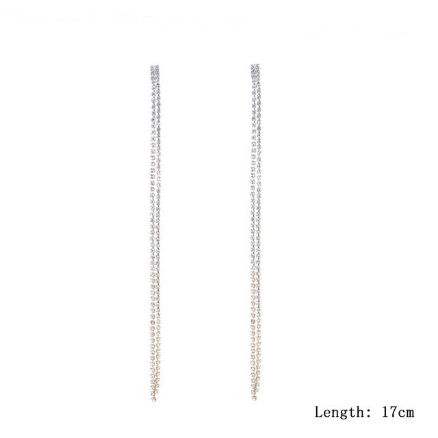 17cm Long Rhinestones Crystal Dangle Earrings Women Fashion Drop Earrings Jewelry Silver Color Double Tail Tassel Accessories