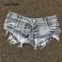 1pcs Low waist Women Sexy super denim shorts Summer denim cotton rivets Splicing shorts Ladies Skinny club super short jeans
