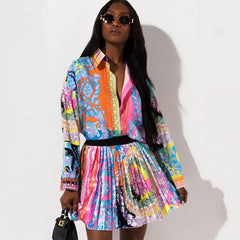 2 Pieces Set Sexy Autumn Fashion Women Set 2019 Female Tops Floral Print Long Sleeve Shirt Elastic Waist Mini Skirts