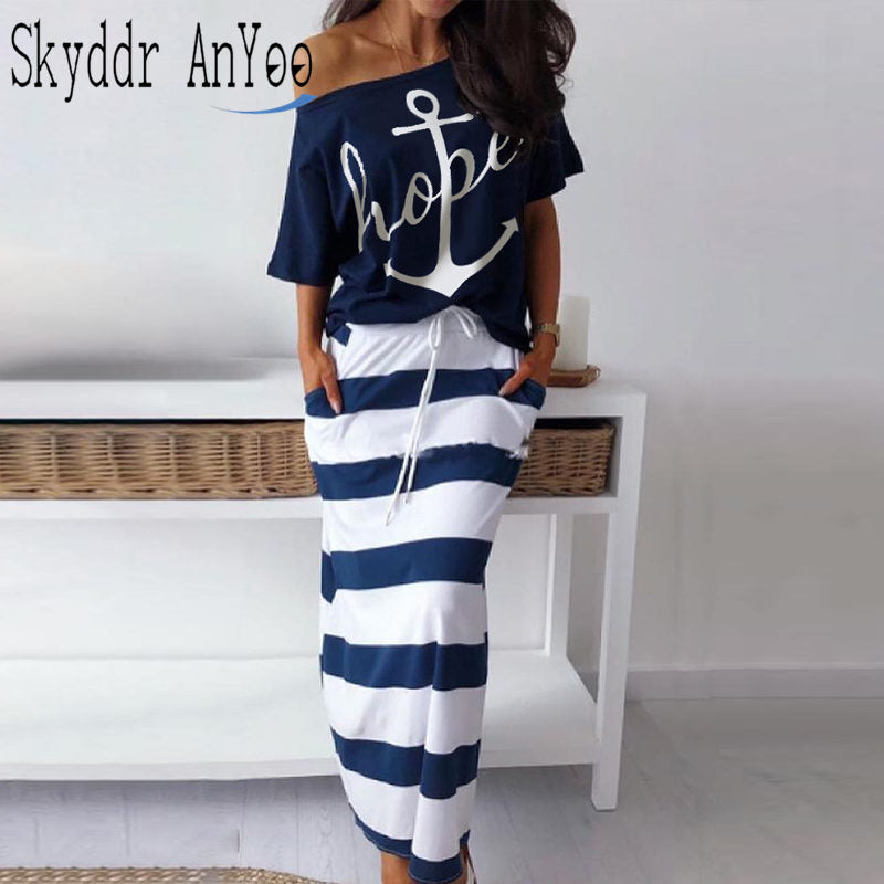 2 piese set women Lounge Wear Hope Boat Anchor Print Off Shoulder T-Shirt Top And Regular Striped Skirt Sets Summer Two Piece