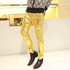 2018 Men skinny faux leather leisure pants black gold silver pu Shiny pants singers club performance on stage Dancer jeans plus