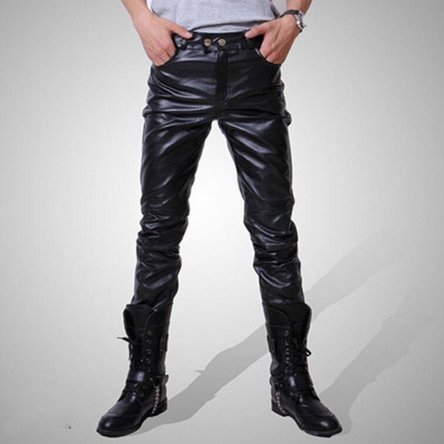 2018 Men skinny faux leather leisure pants black gold silver pu Shiny pants singers club performance on stage Dancer jeans plus