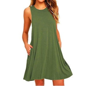 2018 New Sexy Sleeveless Summer Women Dress Solid Pocket Black Casual A Line Beach Women Mini Dresses Female Vestidos Plus Size