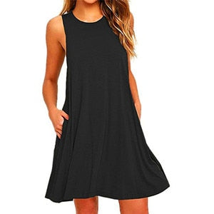 2018 New Sexy Sleeveless Summer Women Dress Solid Pocket Black Casual A Line Beach Women Mini Dresses Female Vestidos Plus Size