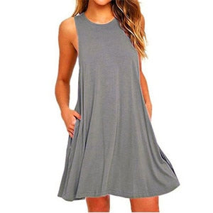 2018 New Sexy Sleeveless Summer Women Dress Solid Pocket Black Casual A Line Beach Women Mini Dresses Female Vestidos Plus Size