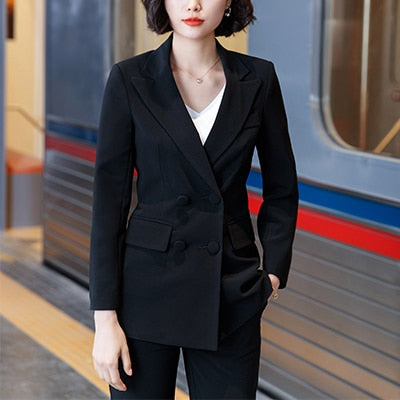 2018 New office work blazer suits of high quality OL women pants suit blazers jackets with trouser two pieces set red pink blue