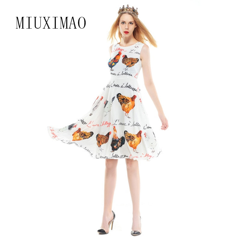 2018 Spring & Summer New Arrival Fashion A-Line O-Neck Sleeveless Tank Chicken Letter Print Elegant Above Knee Dress Women