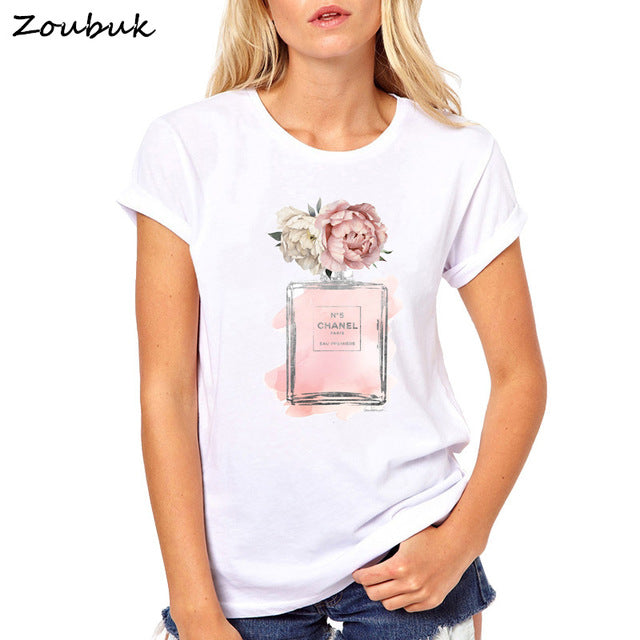 2018 Summer Tops Women Flower Perfume t shirt camisetas mujer Fashion Ladies O-neck Short Sleeve tops White high quality t-shirt