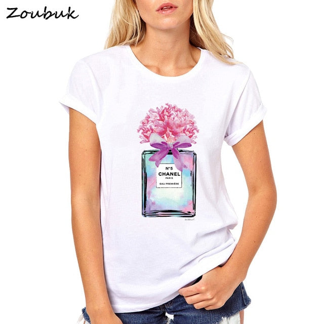 2018 Summer Tops Women Flower Perfume t shirt camisetas mujer Fashion Ladies O-neck Short Sleeve tops White high quality t-shirt
