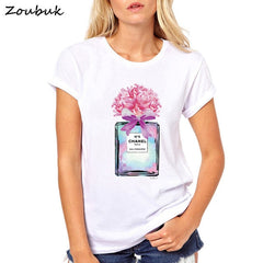 2018 Summer Tops Women Flower Perfume t shirt camisetas mujer Fashion Ladies O-neck Short Sleeve tops White high quality t-shirt