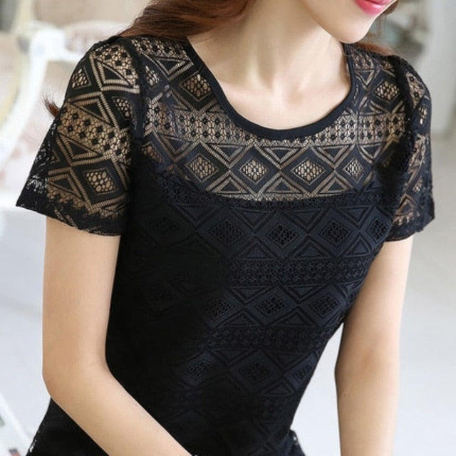 2018 Summer Women Elegant Lace Blouse Femme Chiffon Shirts Tops Short Sleeve Blusas Feminina Hollow Out Blouses Y3