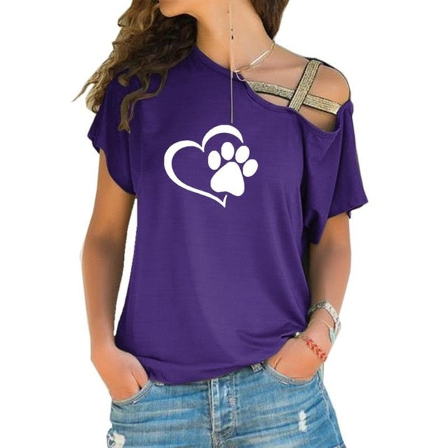 2018 T-shirt Women Fashion Dog Cat Paw Heart Plus Size Tshirt Tops Punk Harajuku  Cross-shoulder Irregular Short-sleeved T-shirt