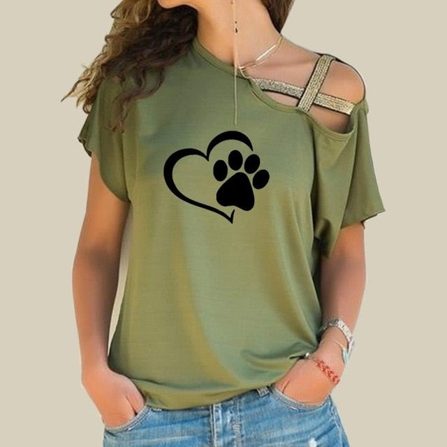 2018 T-shirt Women Fashion Dog Cat Paw Heart Plus Size Tshirt Tops Punk Harajuku  Cross-shoulder Irregular Short-sleeved T-shirt
