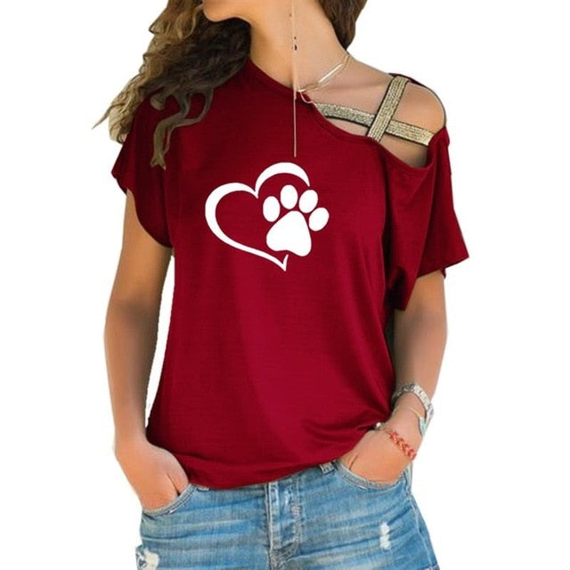 2018 T-shirt Women Fashion Dog Cat Paw Heart Plus Size Tshirt Tops Punk Harajuku  Cross-shoulder Irregular Short-sleeved T-shirt