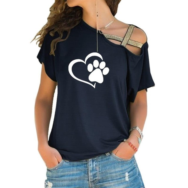 2018 T-shirt Women Fashion Dog Cat Paw Heart Plus Size Tshirt Tops Punk Harajuku  Cross-shoulder Irregular Short-sleeved T-shirt