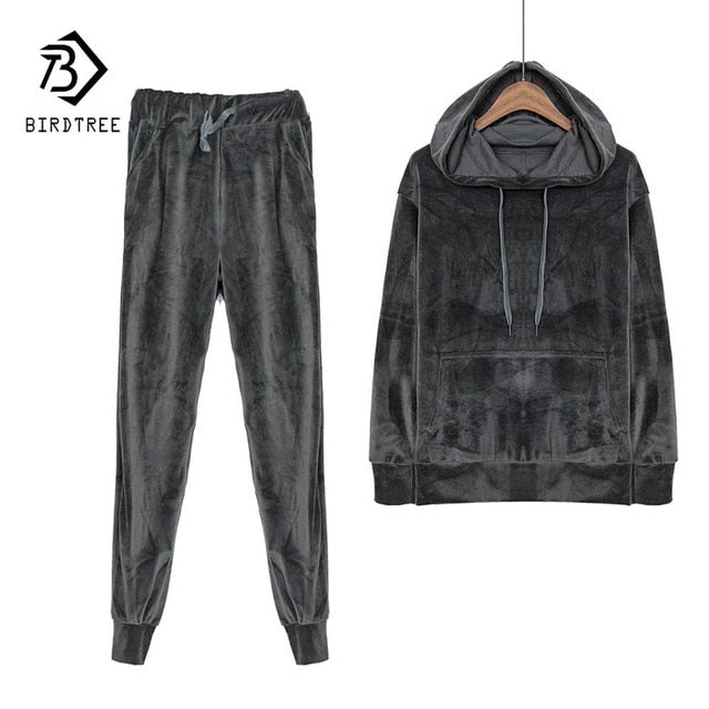 2018 Winter New Black Velvet Tracksuit 2 Piece Set Women Hooded Gray Long Sleeve Top Pants Sporting Suit Runway Fashion S89607F