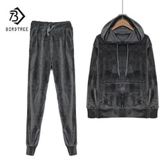 2018 Winter New Black Velvet Tracksuit 2 Piece Set Women Hooded Gray Long Sleeve Top Pants Sporting Suit Runway Fashion S89607F