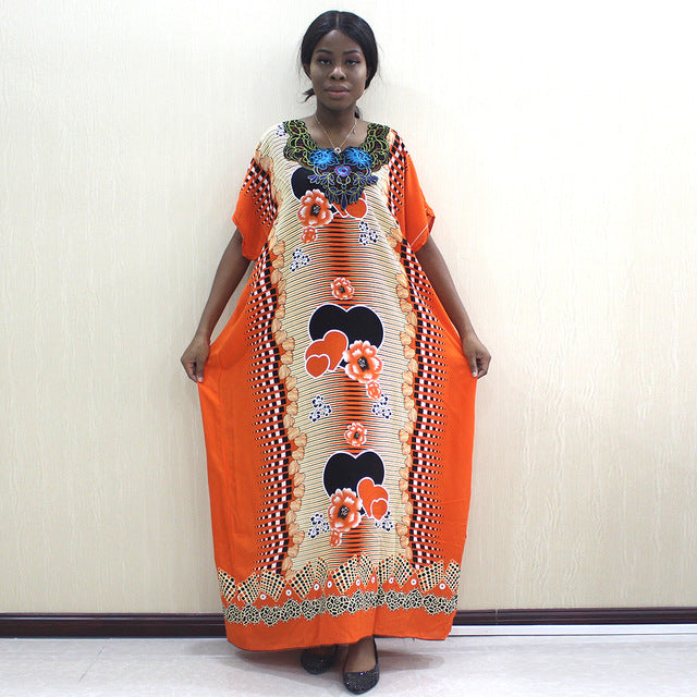 2019 African Dashiki Fashion Design Appliques Orange 100% Cotton Dresses For Women