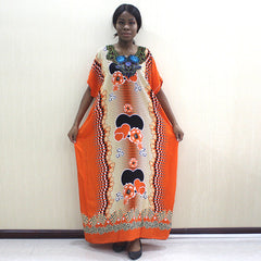 2019 African Dashiki Fashion Design Appliques Orange 100% Cotton Dresses For Women