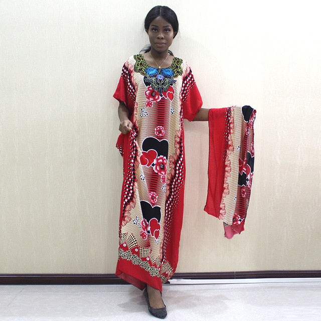 2019 African Dashiki Fashion Design Appliques Orange 100% Cotton Dresses For Women