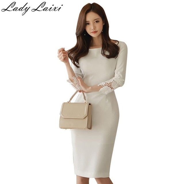 2019 Autumn New Fashion Solid Lace Patchwork Elegant Pencil Dress Women Fitted Sheath Bodycon Dress OL Work Vestidos red white