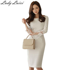 2019 Autumn New Fashion Solid Lace Patchwork Elegant Pencil Dress Women Fitted Sheath Bodycon Dress OL Work Vestidos red white