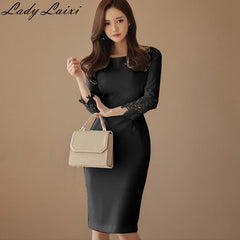 2019 Autumn New Fashion Solid Lace Patchwork Elegant Pencil Dress Women Fitted Sheath Bodycon Dress OL Work Vestidos red white