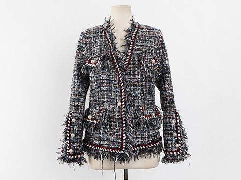 2019 Autumn Winter Tweed Jacket Coat Women Long Sleeve Pearls beading tassel Coat Casaco Feminino