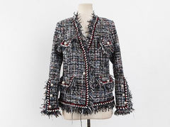 2019 Autumn Winter Tweed Jacket Coat Women Long Sleeve Pearls beading tassel Coat Casaco Feminino