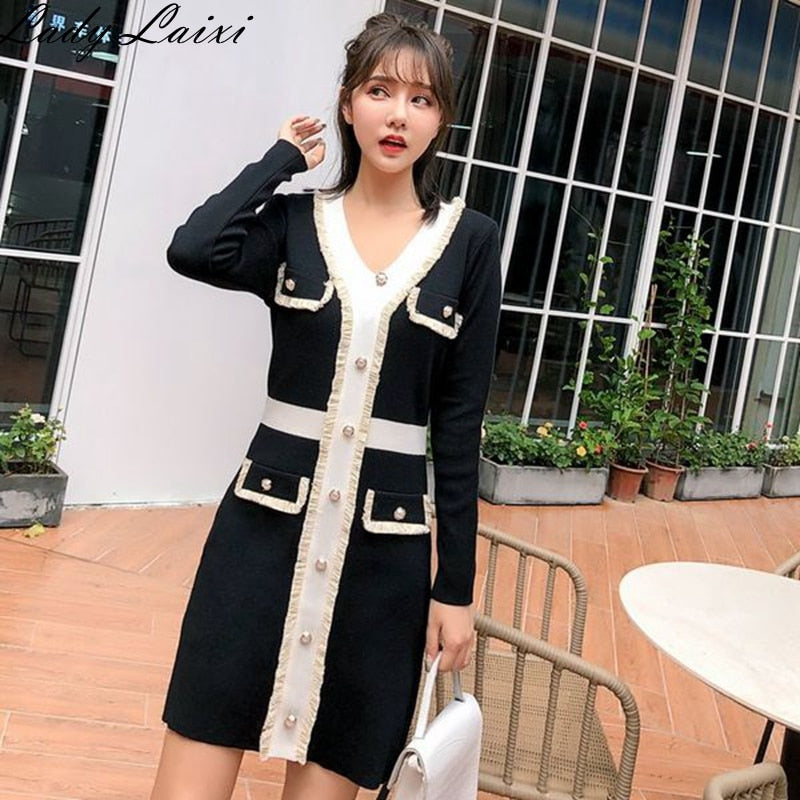 2019 Autumn Winter V-Neck Single Breasted Color Patchwork  Knitting Sweater dress Mini Bodycon Tassel pencil Dresses Vestidos