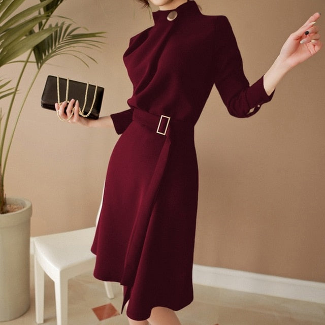 2019 Autumn Women Elegant Button Stand neck Belted Long Sleeve Work Business Party black wine red Split Dress