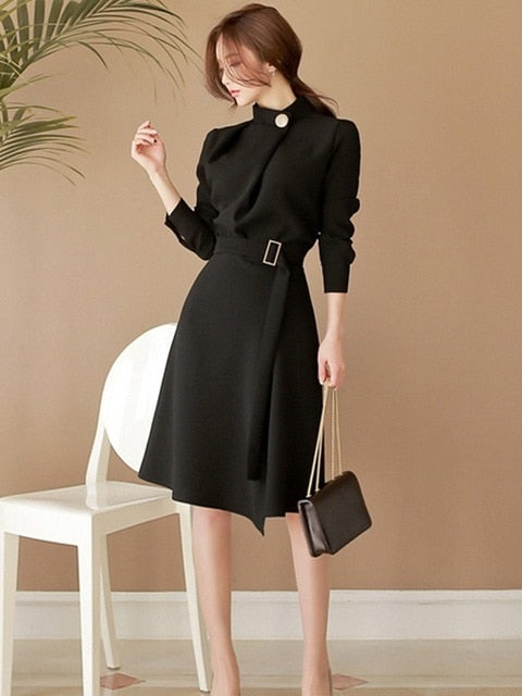 2019 Autumn Women Elegant Button Stand neck Belted Long Sleeve Work Business Party black wine red Split Dress