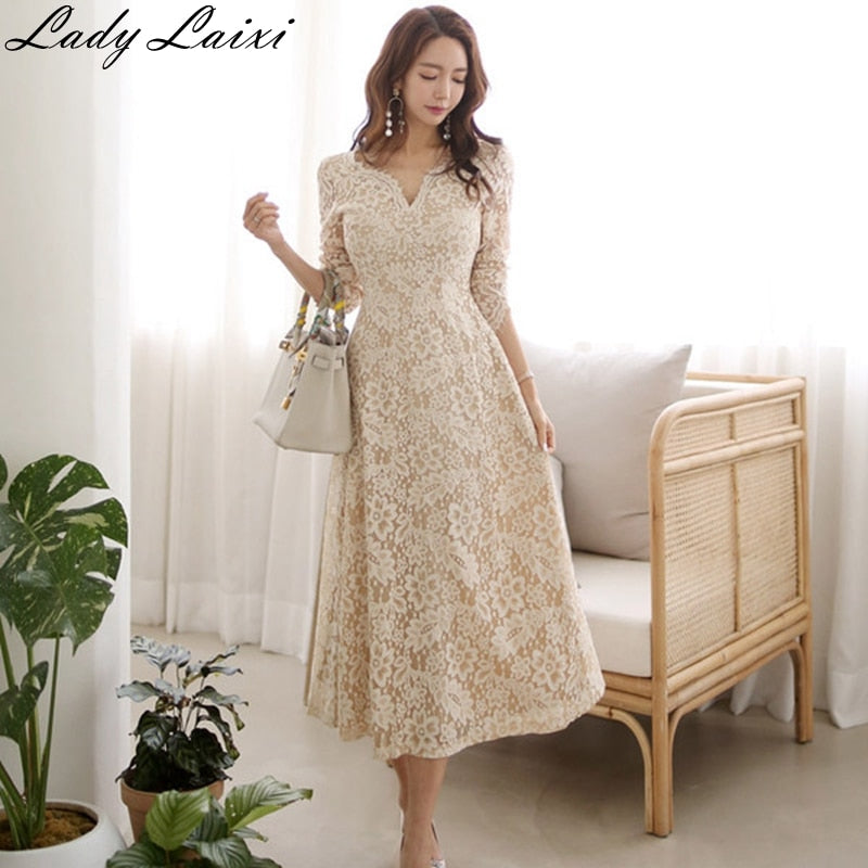 2019 Autumn Womens Elegant Sexy Crochet Hollow Out Lace dress Party Evening Special Occasion A-line Midi Long work Vestidos