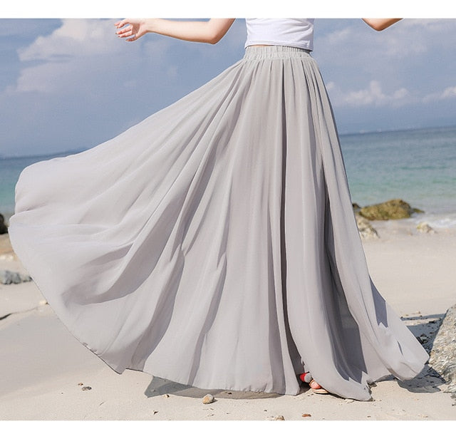 2019 Bohemia Long Skirts Women Stretch High Waist Solid Chiffon A-Line Skirt Casual Pleated Maxi Skirt Faldas Saias Streetwear