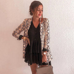 2019 Chic Women Snake Print Blazer Notched Collar Long Sleeve Coat Female Outerwear Women Suit Top OL Jacket Female Thin Coat