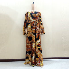 2019 Fashion African Dashiki leaf print dress Off Shoulder Butterfly Sleeve Long Dresses For Women