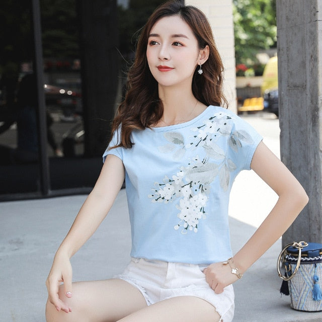 2019 Fashion Summer Ladies Shirt Print Short Sleeve O-neck Tops Cotton Shirt Plus Size Clothing 4XL Bat sleeve blusa 4847 50