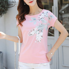2019 Fashion Summer Ladies Shirt Print Short Sleeve O-neck Tops Cotton Shirt Plus Size Clothing 4XL Bat sleeve blusa 4847 50