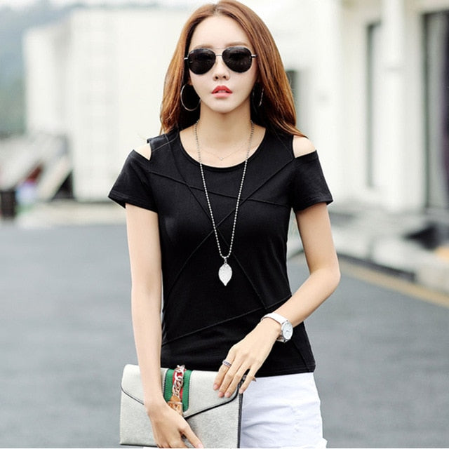 2019 Fashion plus size off shoulder tshirt short sleeve  shirt women top  Solid color hole shirt blusas 3022 50