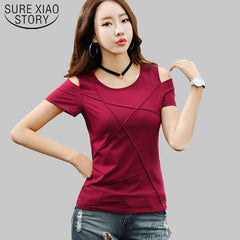 2019 Fashion plus size off shoulder tshirt short sleeve  shirt women top  Solid color hole shirt blusas 3022 50